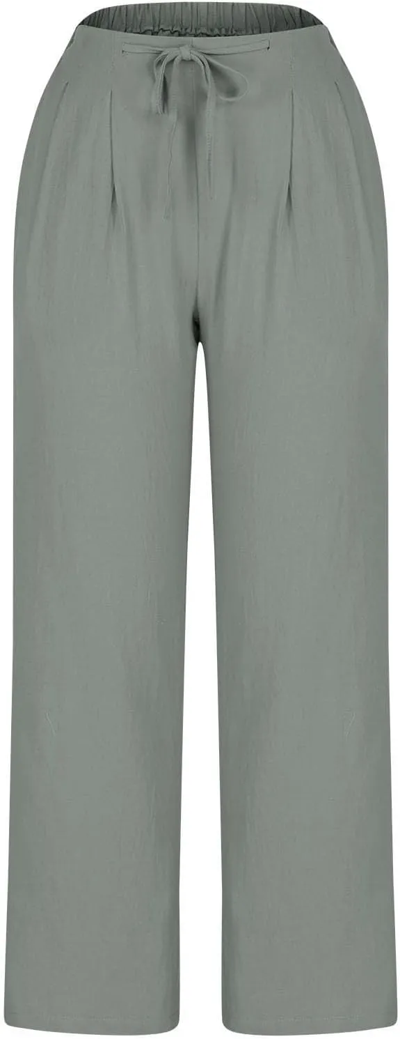 Women's Cotton Linen Pants Drawstring Waist Wide Leg Lightweight Casual Palazzo Trousers Summer Beach Pants