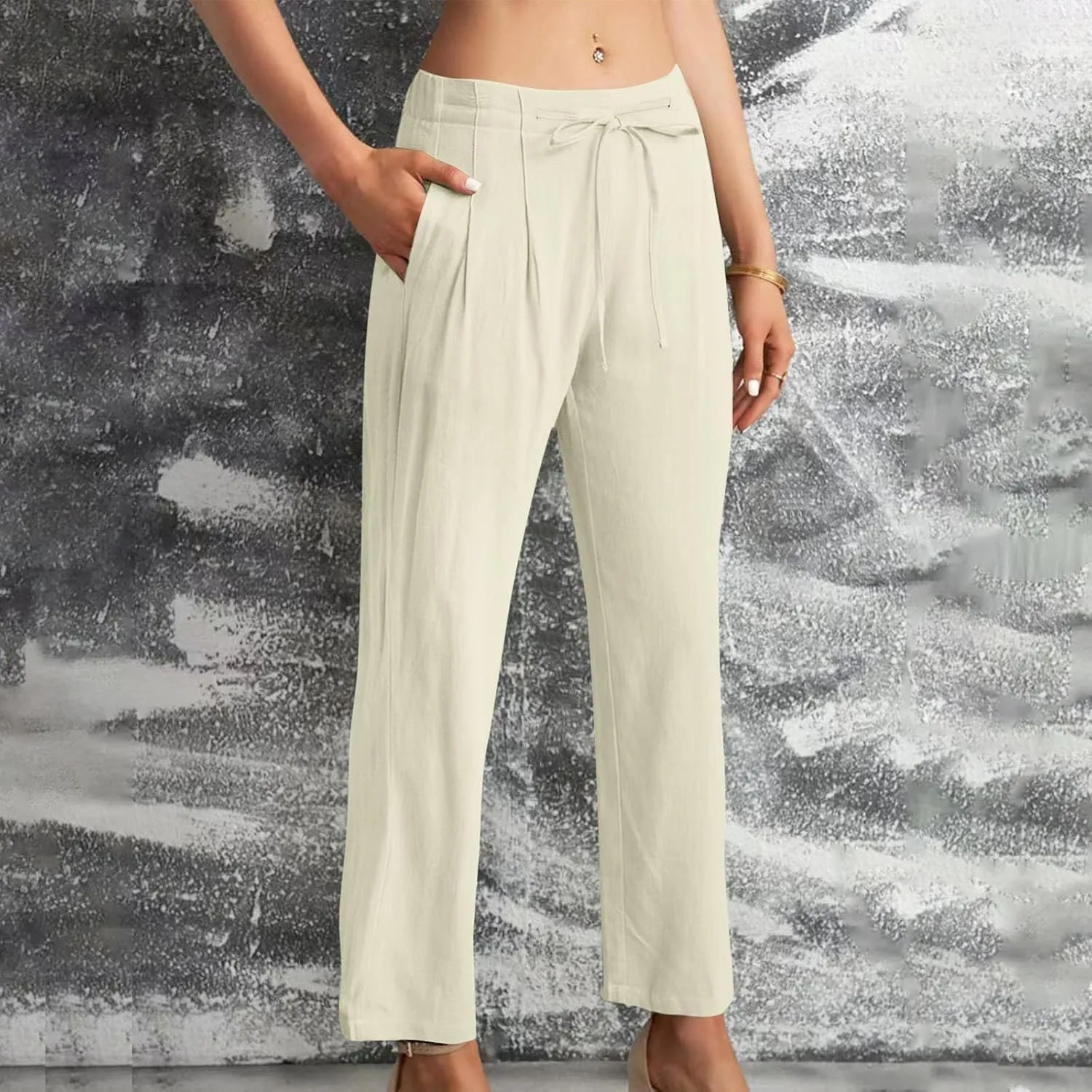 Women's Cotton Linen Pants Drawstring Waist Wide Leg Lightweight Casual Palazzo Trousers Summer Beach Pants