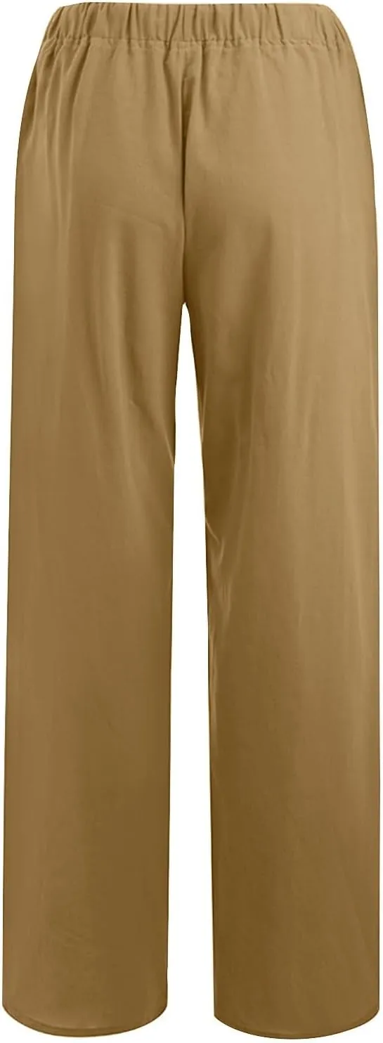 Women's Cotton Linen Pants Summer Drawstring High Waisted Palazzo Pants Casual Wide Leg Yoga Pants with Pockets