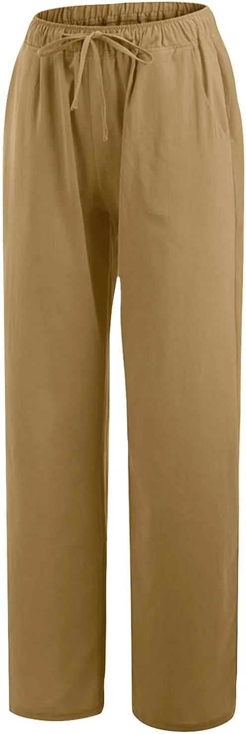 Women's Cotton Linen Pants Summer Drawstring High Waisted Palazzo Pants Casual Wide Leg Yoga Pants with Pockets