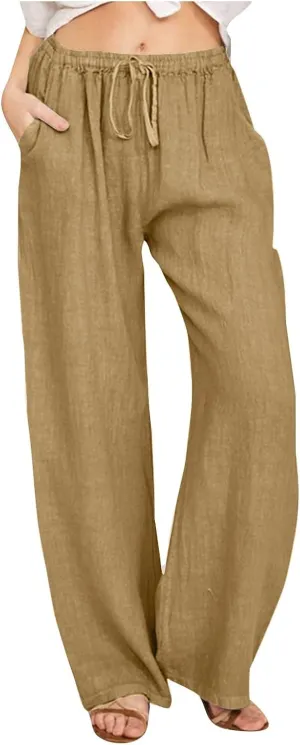 Women's Cotton Linen Pants Summer Drawstring High Waisted Palazzo Pants Casual Wide Leg Yoga Pants with Pockets