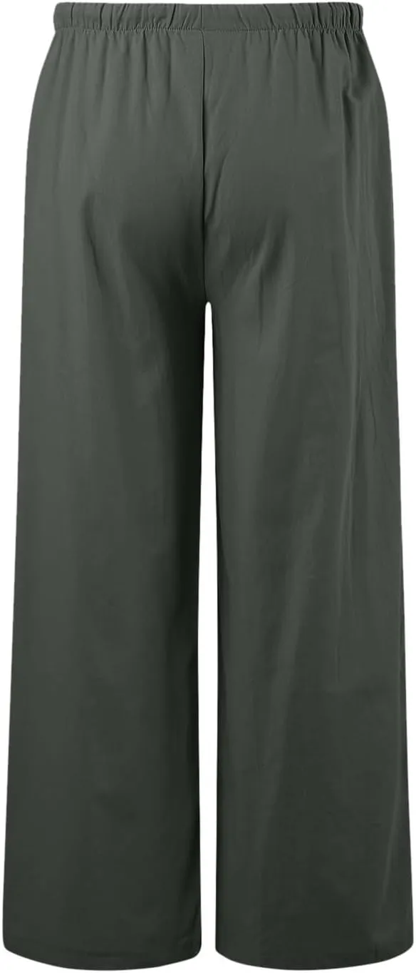 Women's Elastic Beach Linen Blend Linen Capris High Waisted Summer Elastic Waist Loose Fitting with Pockets Casual