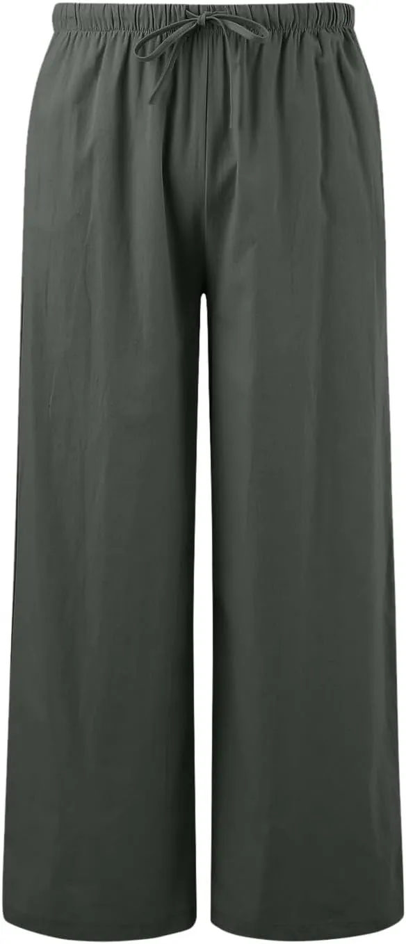 Women's Elastic Beach Linen Blend Linen Capris High Waisted Summer Elastic Waist Loose Fitting with Pockets Casual