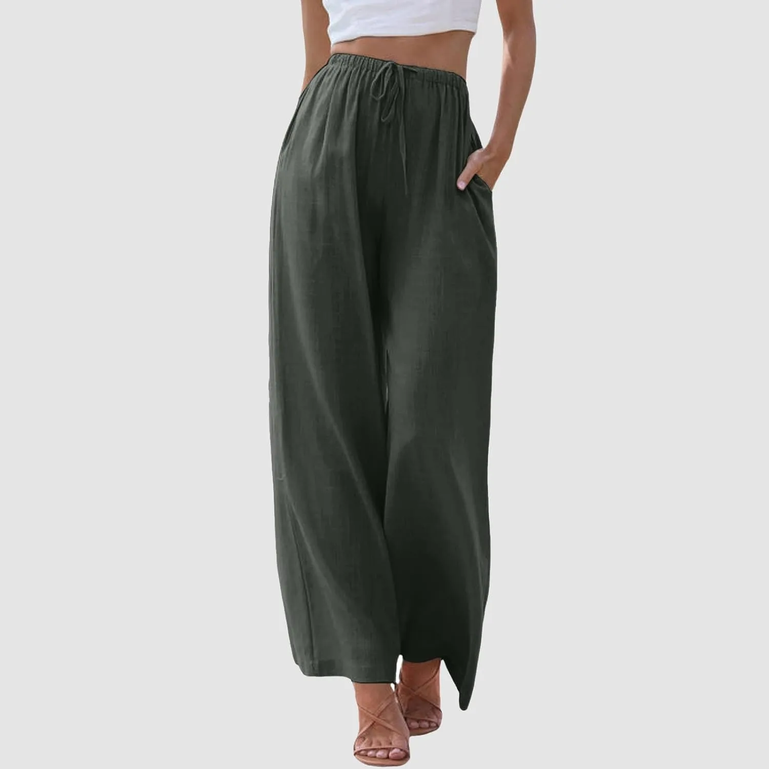 Women's Elastic Beach Linen Blend Linen Capris High Waisted Summer Elastic Waist Loose Fitting with Pockets Casual
