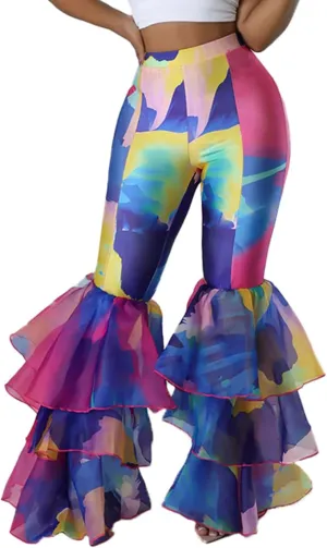 Womens Flare Leggings Tie Dye Pleated Layered Ruffle Hem High Waisted Pants Mermaid Bell Bottom Pants