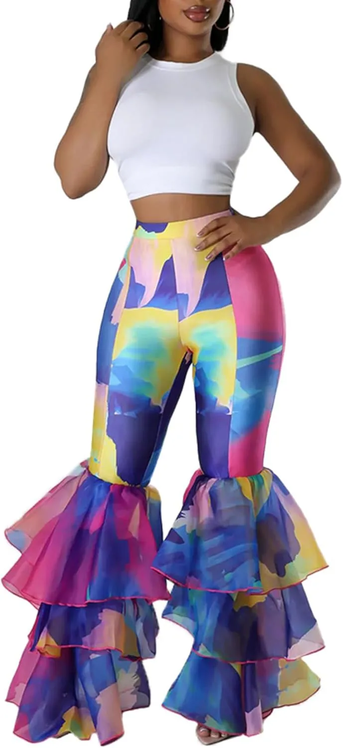 Womens Flare Leggings Tie Dye Pleated Layered Ruffle Hem High Waisted Pants Mermaid Bell Bottom Pants