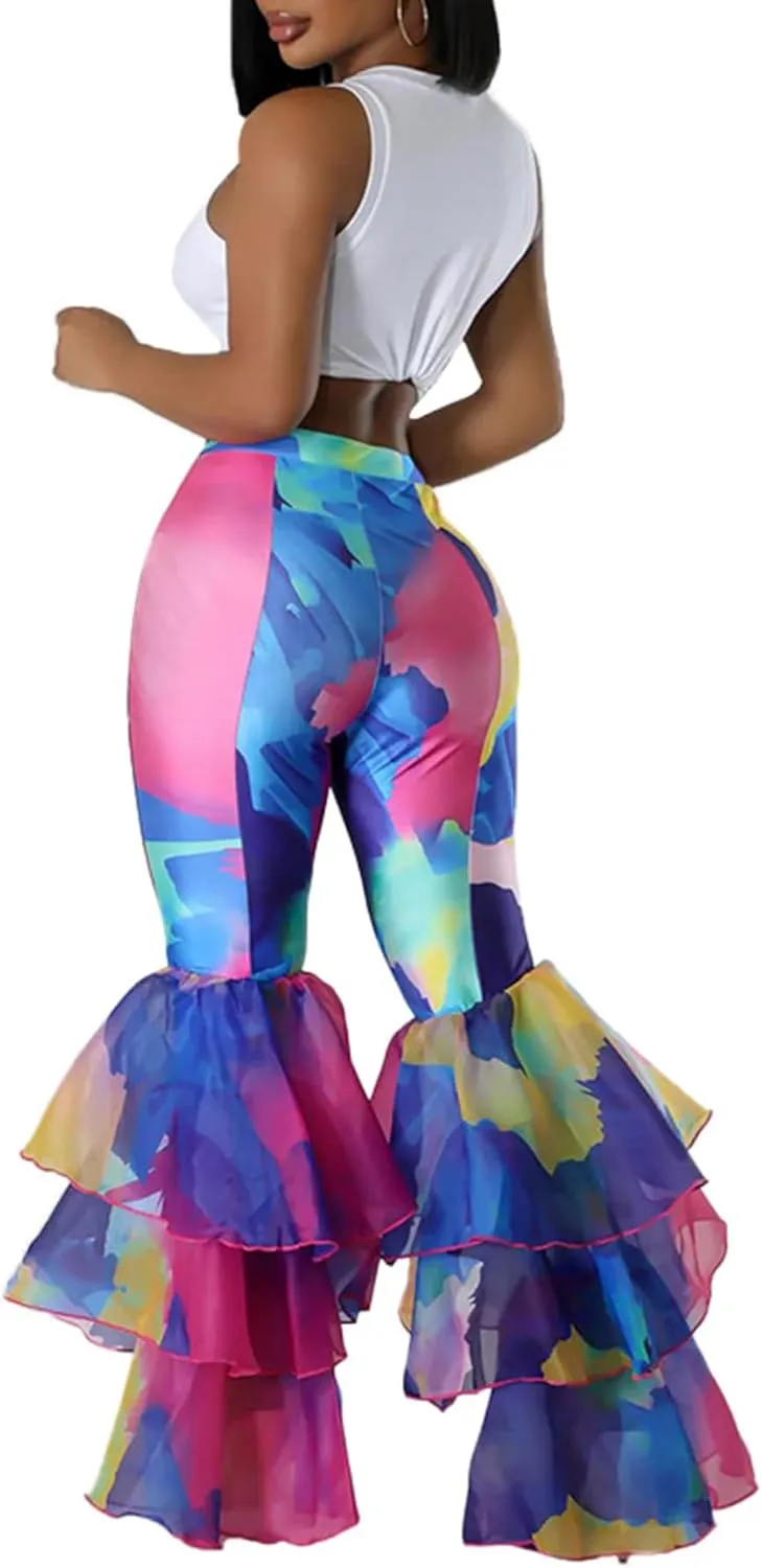 Womens Flare Leggings Tie Dye Pleated Layered Ruffle Hem High Waisted Pants Mermaid Bell Bottom Pants