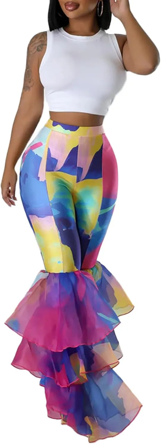 Womens Flare Leggings Tie Dye Pleated Layered Ruffle Hem High Waisted Pants Mermaid Bell Bottom Pants