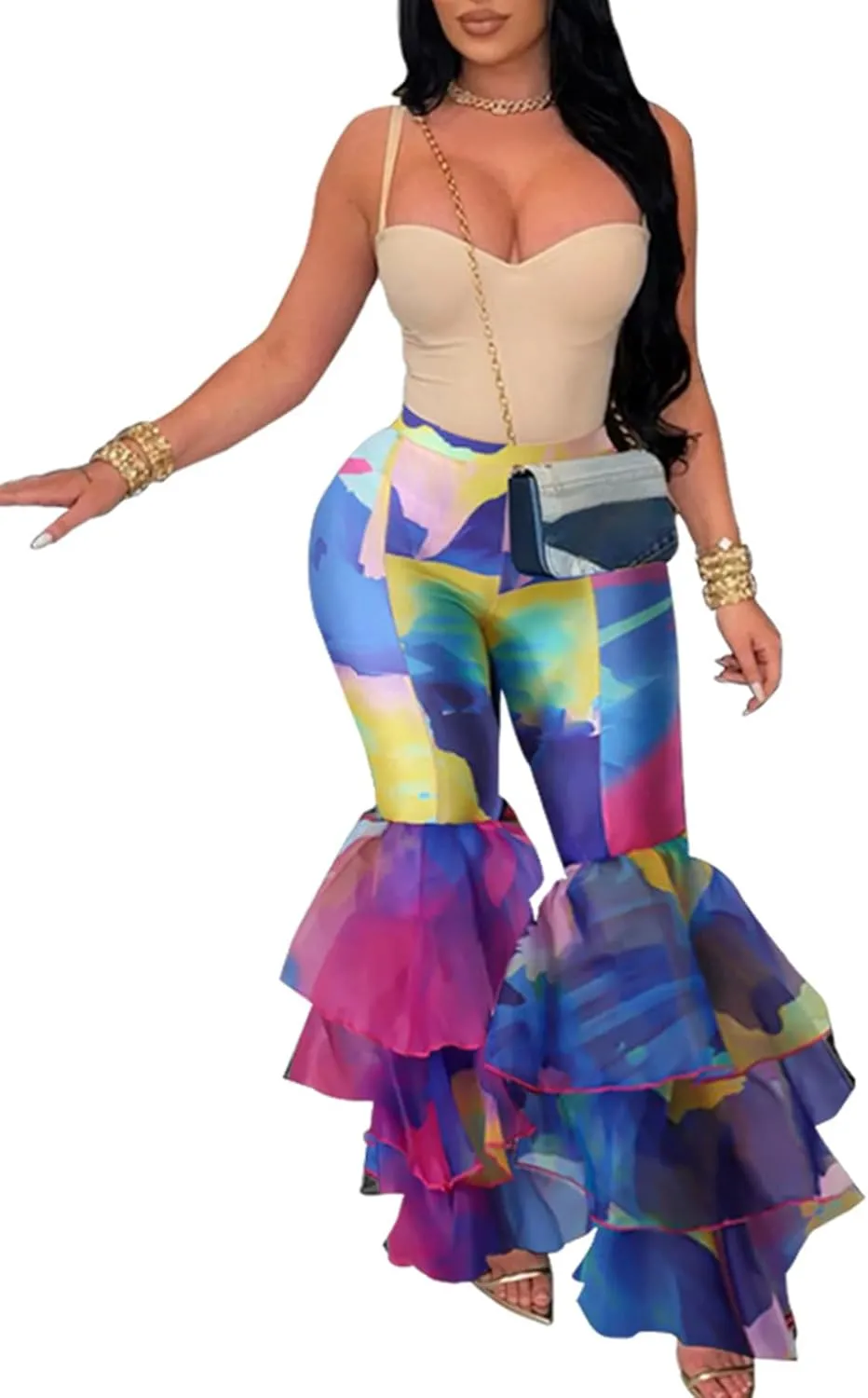Womens Flare Leggings Tie Dye Pleated Layered Ruffle Hem High Waisted Pants Mermaid Bell Bottom Pants