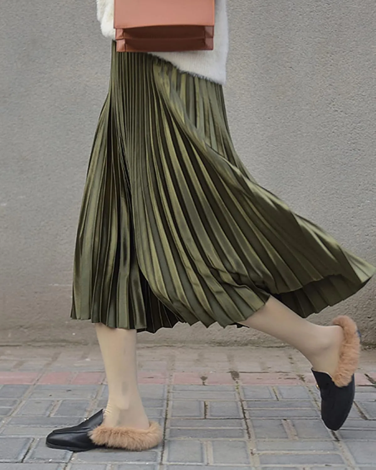 Women's High Elastic Waist Metallic Shiny Accordion A-line Pleated Long Midi Skirt