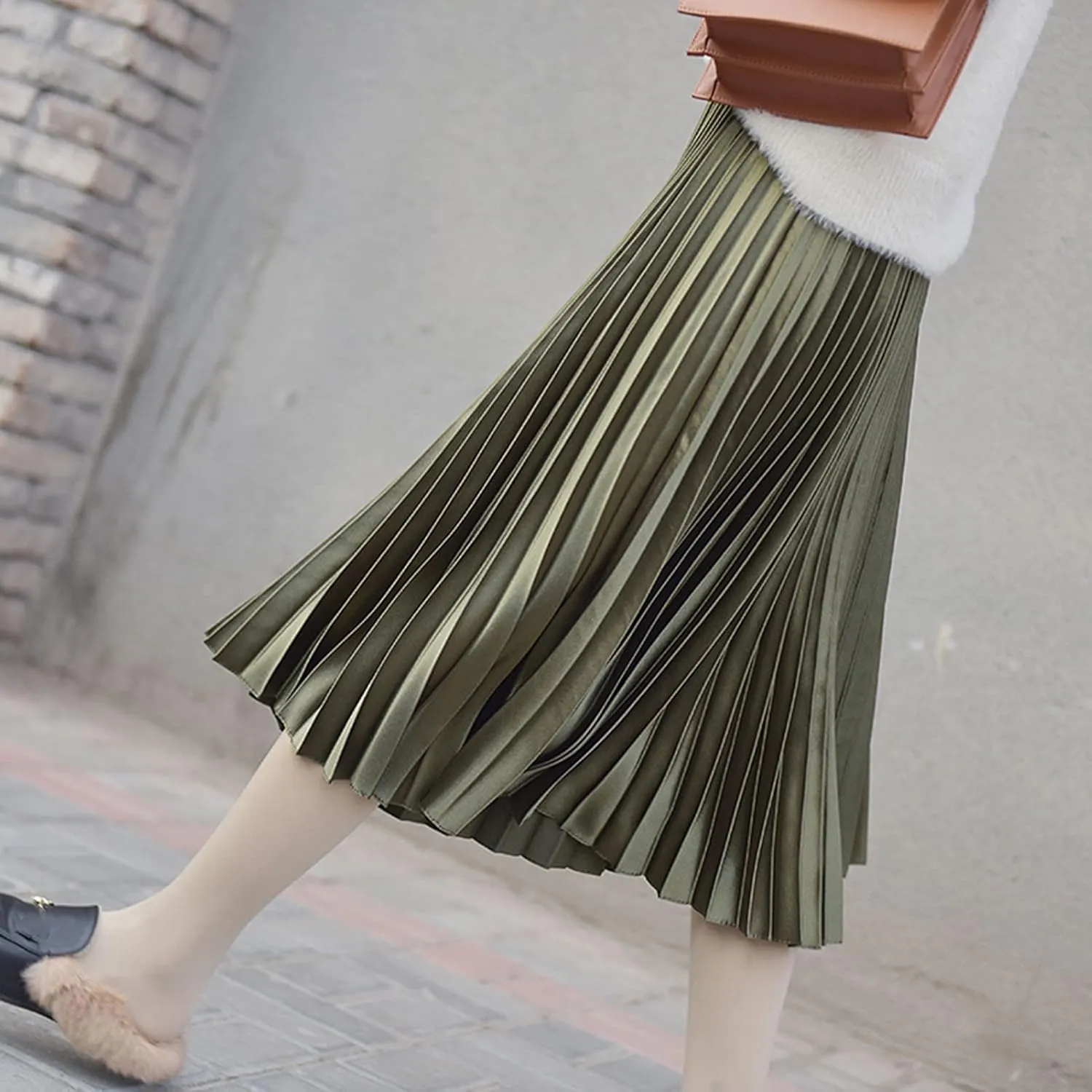 Women's High Elastic Waist Metallic Shiny Accordion A-line Pleated Long Midi Skirt