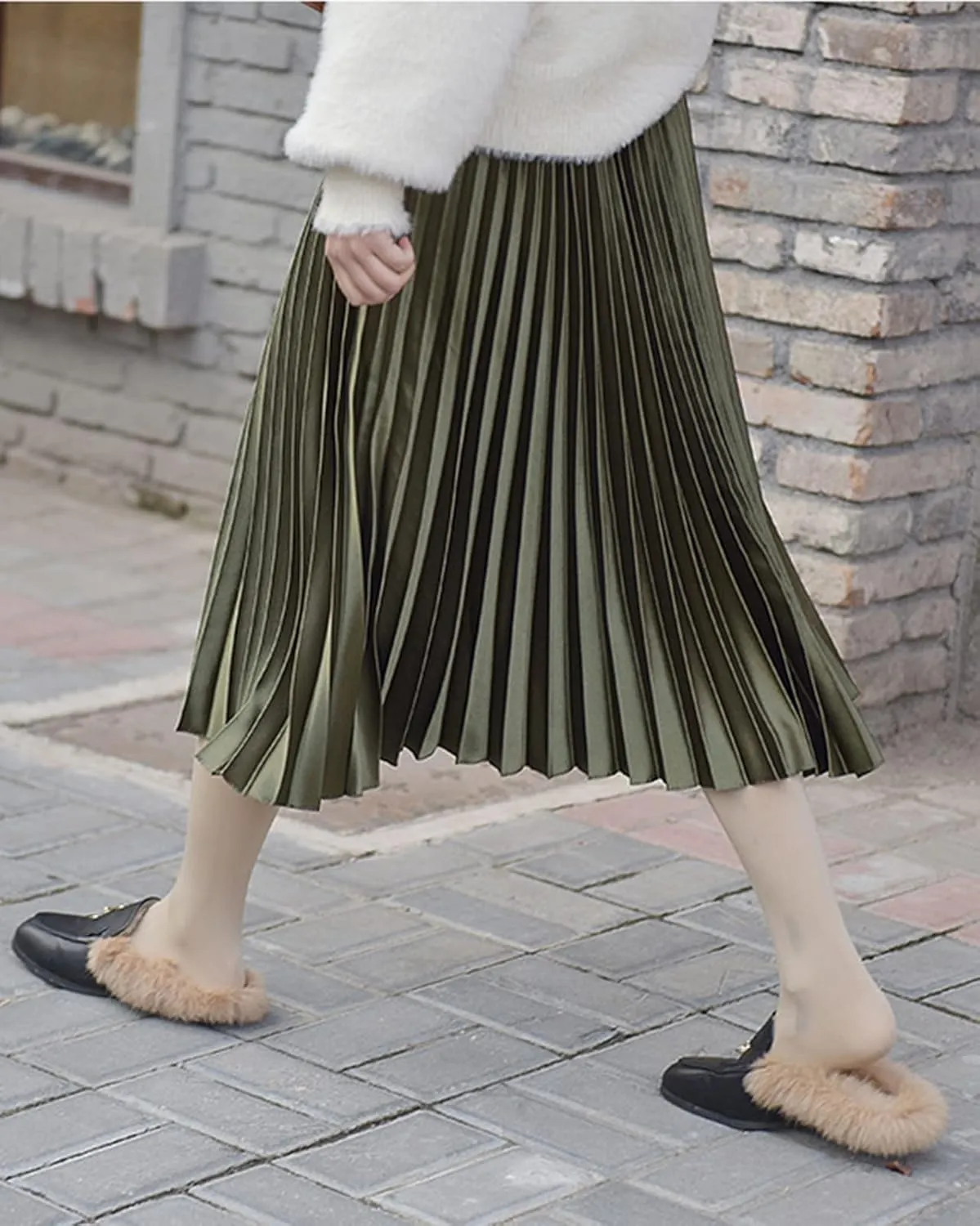 Women's High Elastic Waist Metallic Shiny Accordion A-line Pleated Long Midi Skirt