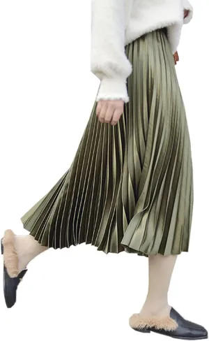 Women's High Elastic Waist Metallic Shiny Accordion A-line Pleated Long Midi Skirt
