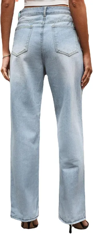 Women's High Waist Baggy Jeans Boyfriend Wide Leg Denim Pants with Pocket Ripped Straight Leg Casual Loose Trouser
