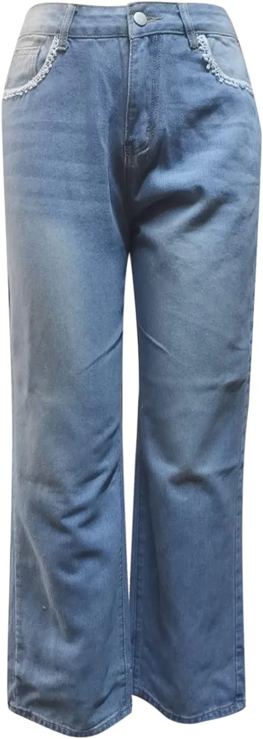 Women's High Waist Baggy Jeans Boyfriend Wide Leg Denim Pants with Pocket Ripped Straight Leg Casual Loose Trouser