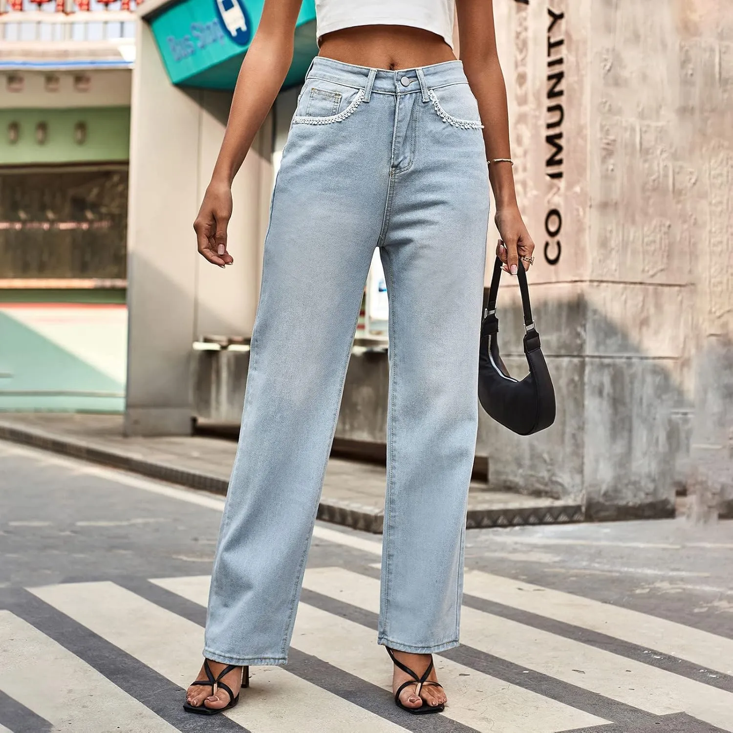 Women's High Waist Baggy Jeans Boyfriend Wide Leg Denim Pants with Pocket Ripped Straight Leg Casual Loose Trouser
