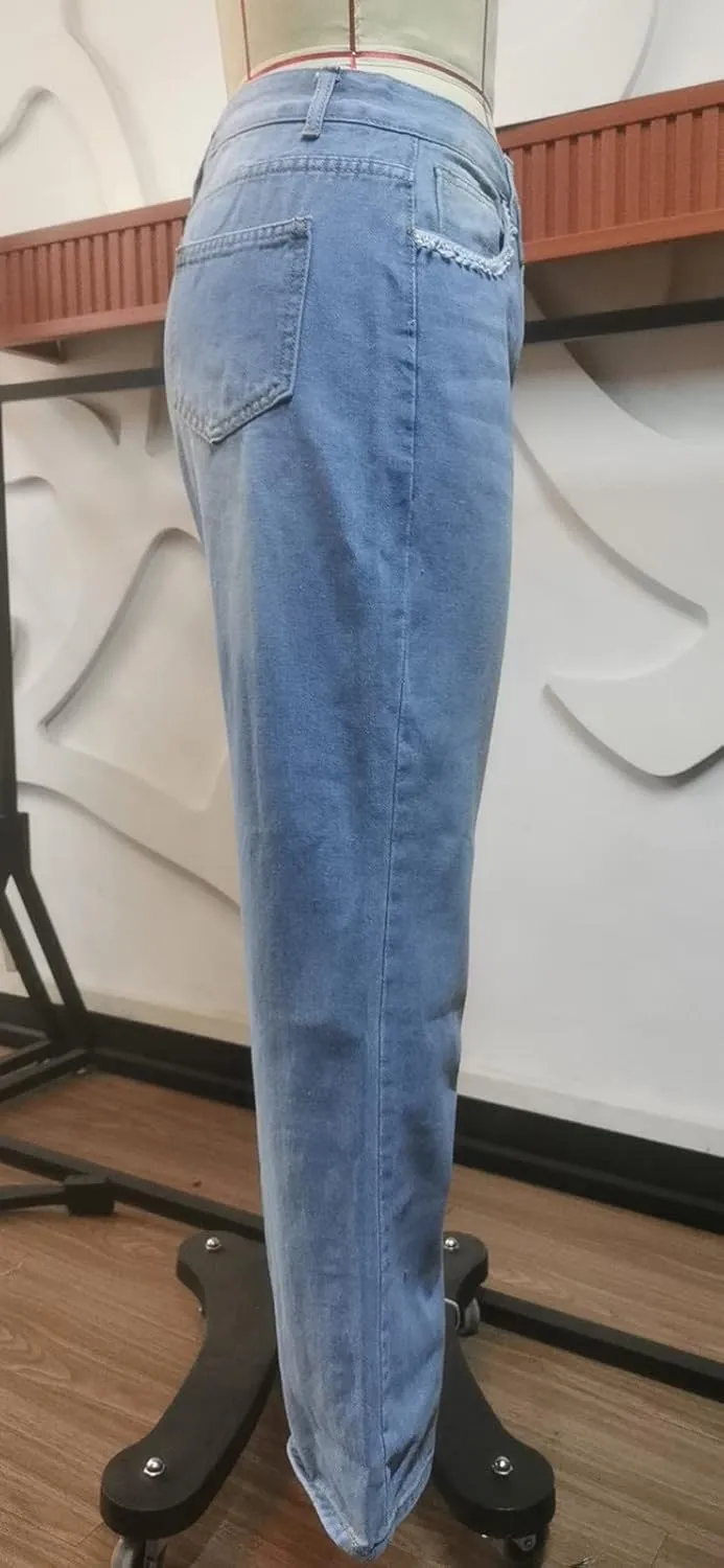 Women's High Waist Baggy Jeans Boyfriend Wide Leg Denim Pants with Pocket Ripped Straight Leg Casual Loose Trouser