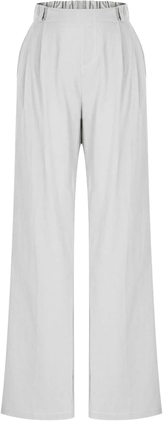 Women's High Waisted Cotton Linen Pants Wide Leg Dress Pants Palazzo Trousers Business Casual Work Pants with Pockets