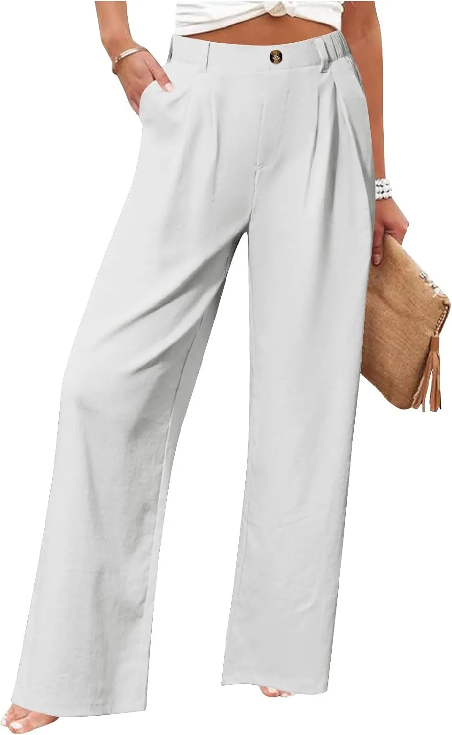 Women's High Waisted Cotton Linen Pants Wide Leg Dress Pants Palazzo Trousers Business Casual Work Pants with Pockets