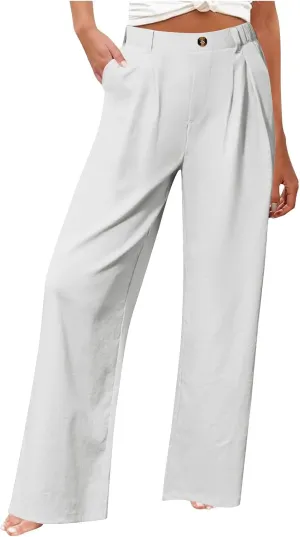 Women's High Waisted Cotton Linen Pants Wide Leg Dress Pants Palazzo Trousers Business Casual Work Pants with Pockets