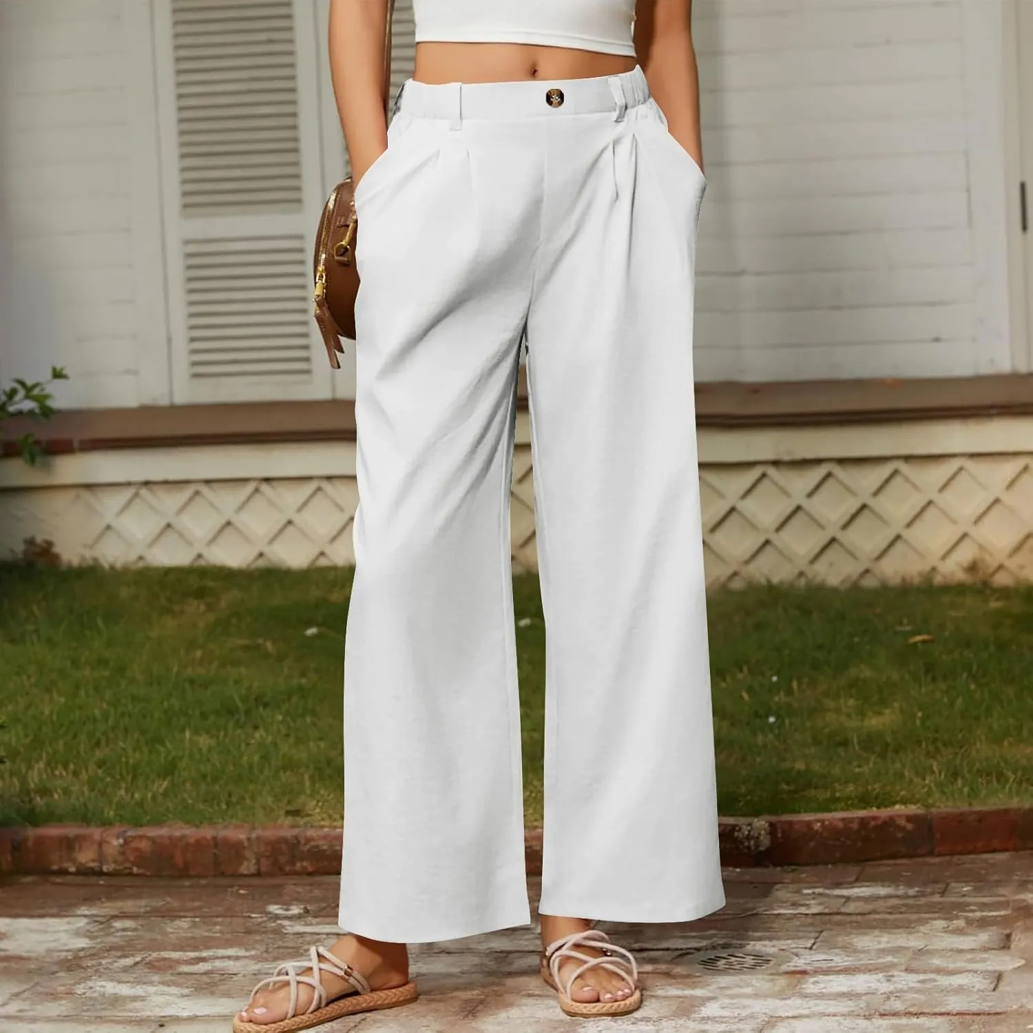 Women's High Waisted Cotton Linen Pants Wide Leg Dress Pants Palazzo Trousers Business Casual Work Pants with Pockets