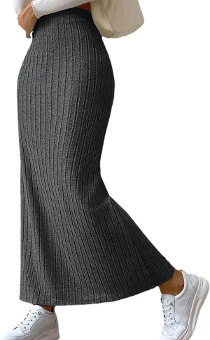 Women's High Waisted Side Slit Pencil Maxi Skirt Ribbed Knit Bodycon Split Long Skirts