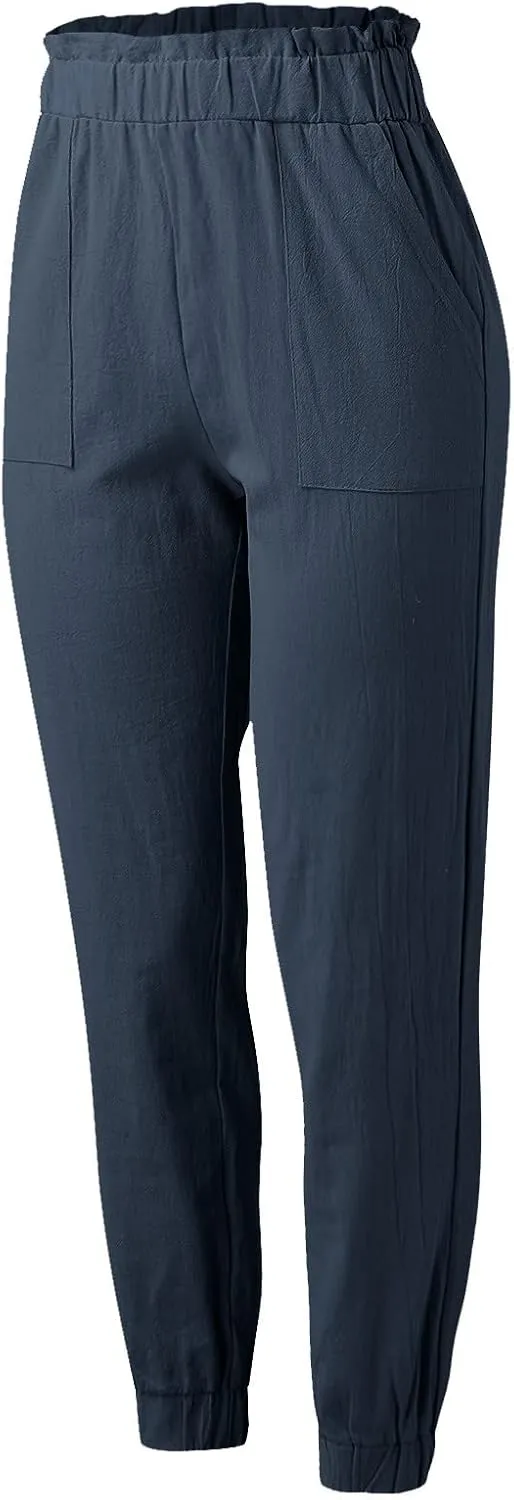 Women's Linen Blend Summer Flowy Pants Low Waist Stretchy Straight Slim Fit Palazzo Pants Work Business