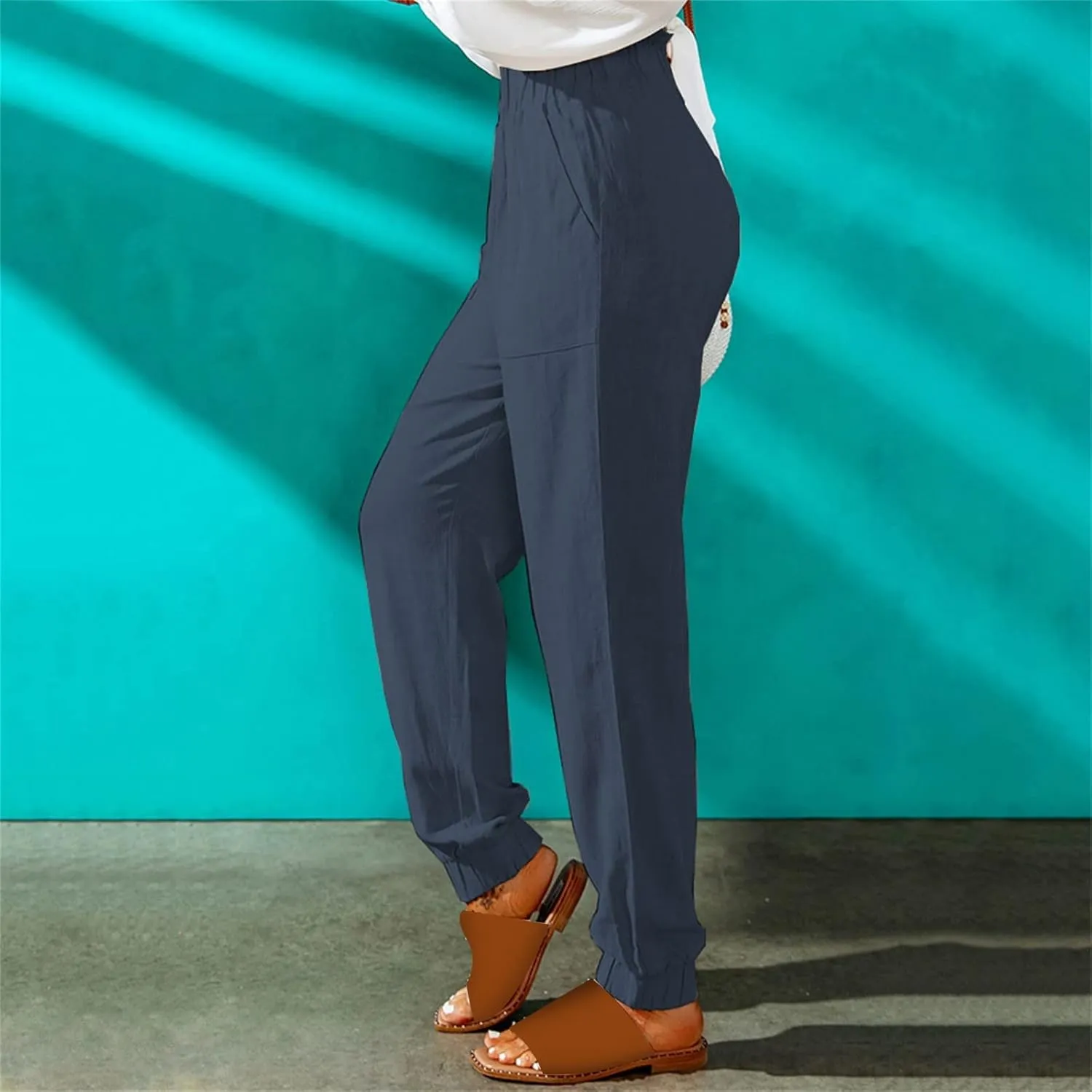 Women's Linen Blend Summer Flowy Pants Low Waist Stretchy Straight Slim Fit Palazzo Pants Work Business