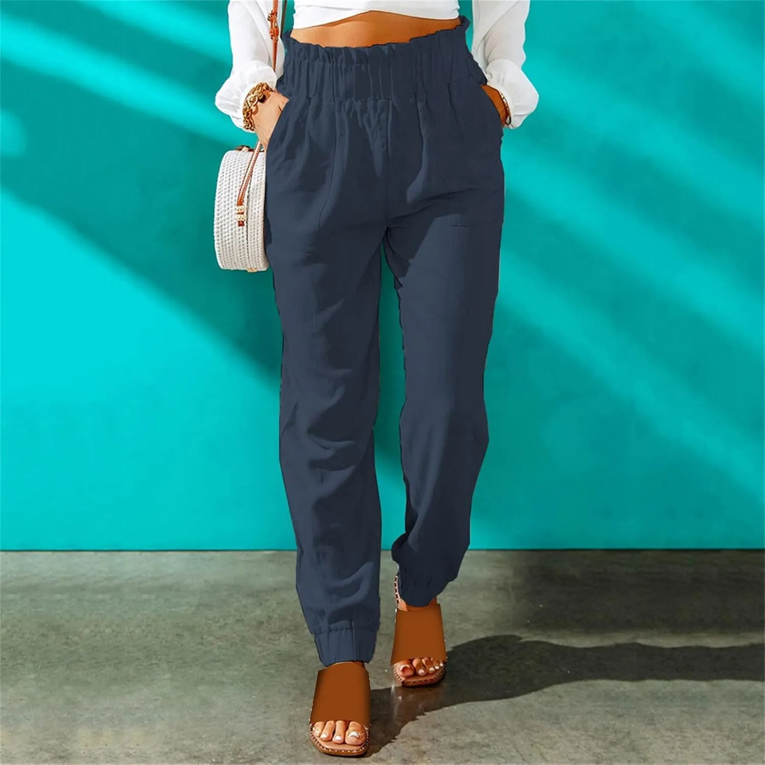 Women's Linen Blend Summer Flowy Pants Low Waist Stretchy Straight Slim Fit Palazzo Pants Work Business