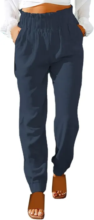 Women's Linen Blend Summer Flowy Pants Low Waist Stretchy Straight Slim Fit Palazzo Pants Work Business