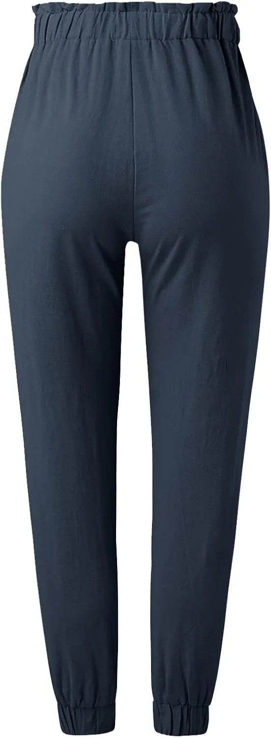 Women's Linen Blend Summer Flowy Pants Low Waist Stretchy Straight Slim Fit Palazzo Pants Work Business