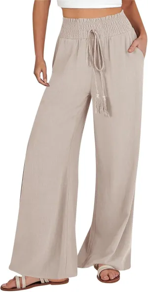 Womens Linen Palazzo Pants Casual Wide Leg Pants Drawstring Pants with Pockets Summer Beach Linen Pants Lounge Trousers, Small, #E1-beige