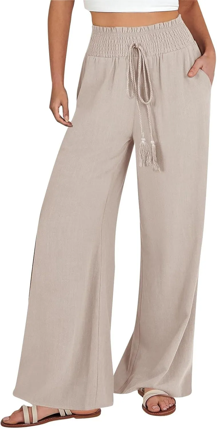 Womens Linen Palazzo Pants Casual Wide Leg Pants Drawstring Pants with Pockets Summer Beach Linen Pants Lounge Trousers, Small, #E1-beige