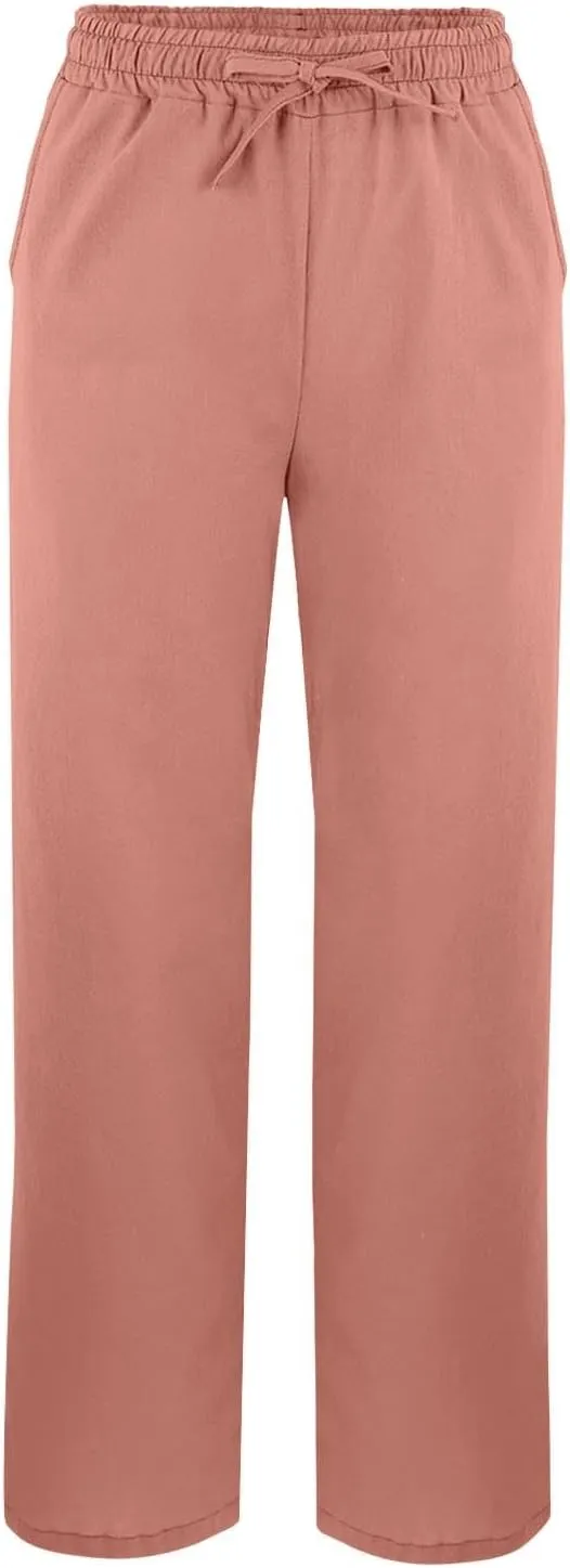 Womens Linen Pants 2025 Summer Elastic High Waist Split Hem Work Pants Casual Loose Drawstring Beach Trousers