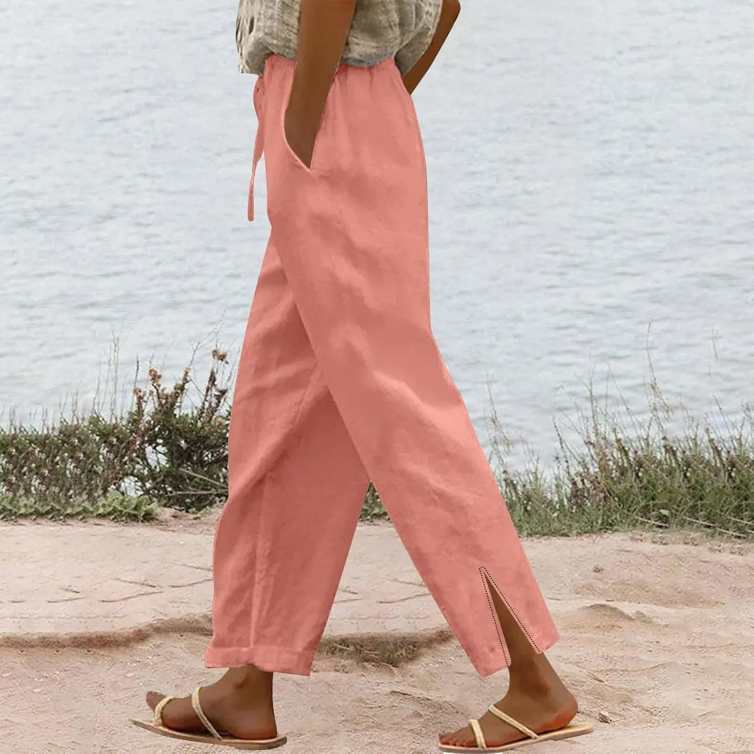 Womens Linen Pants 2025 Summer Elastic High Waist Split Hem Work Pants Casual Loose Drawstring Beach Trousers