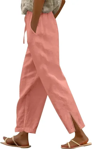 Womens Linen Pants 2025 Summer Elastic High Waist Split Hem Work Pants Casual Loose Drawstring Beach Trousers
