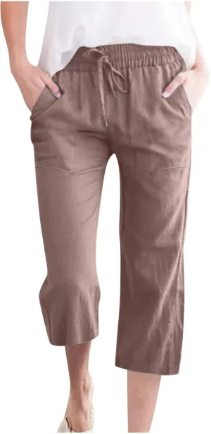 Women's Linen Pants Casual Summer Capris Loose Fit Lightweight Drawstring Waisted Cropped Pants with Pockets