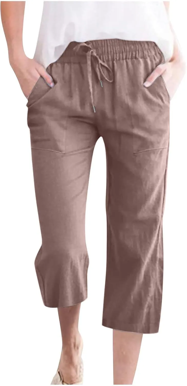 Women's Linen Pants Casual Summer Capris Loose Fit Lightweight Drawstring Waisted Cropped Pants with Pockets