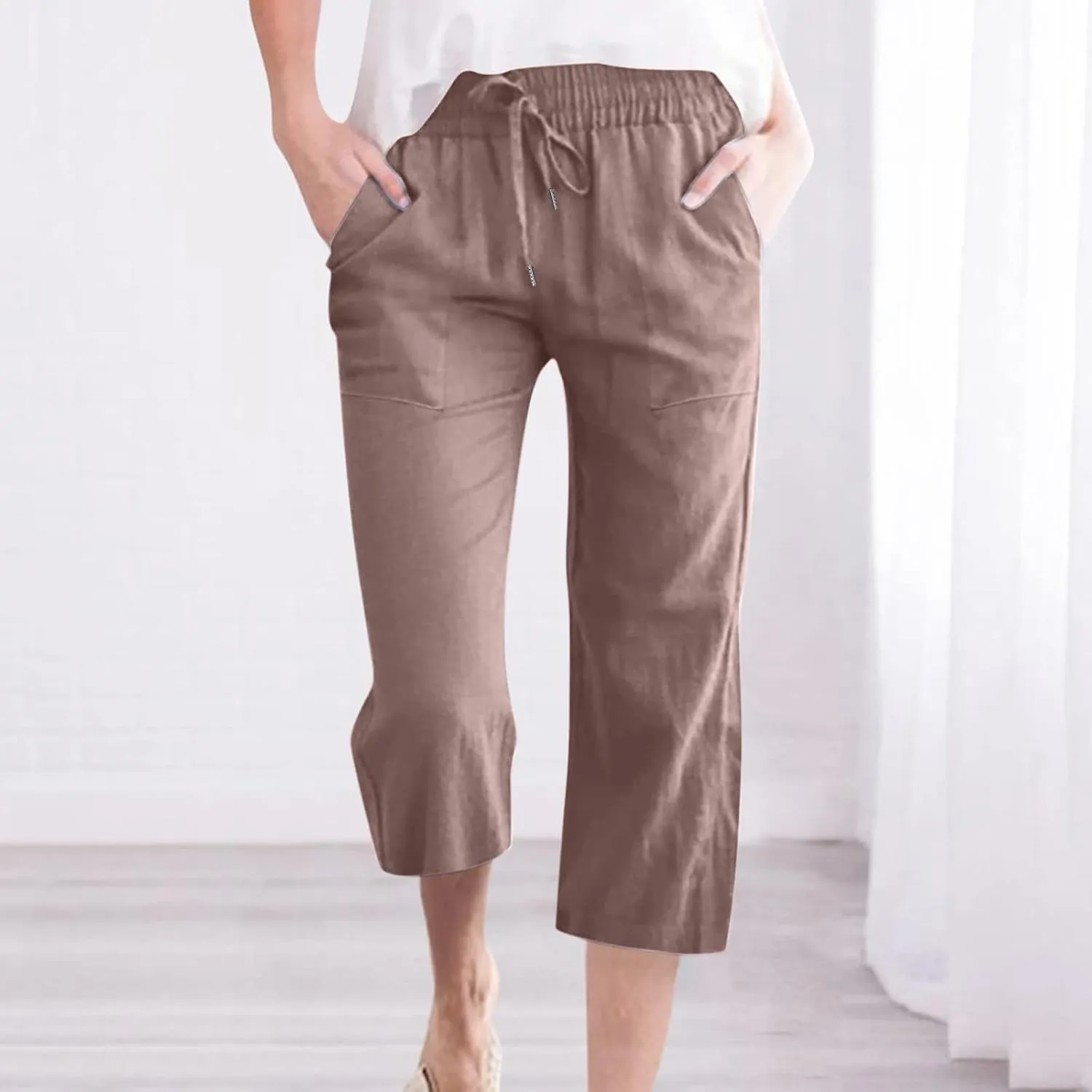 Women's Linen Pants Casual Summer Capris Loose Fit Lightweight Drawstring Waisted Cropped Pants with Pockets