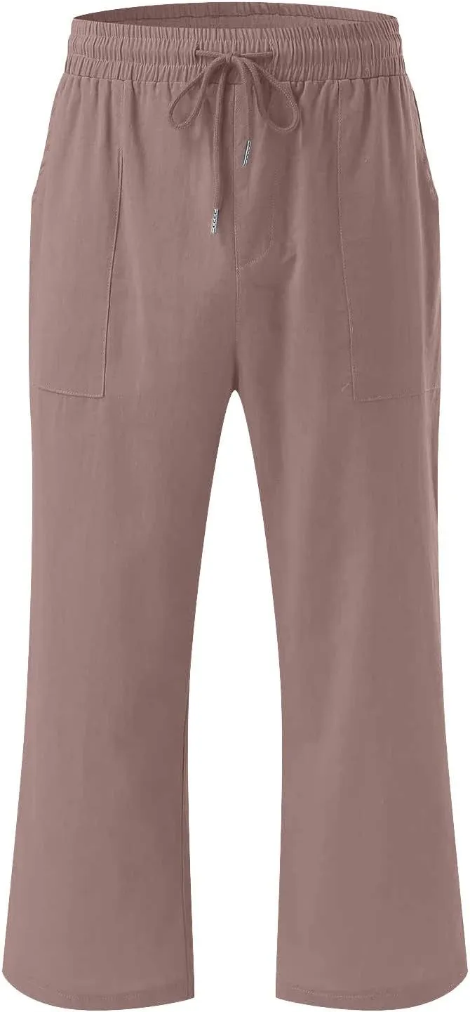 Women's Linen Pants Casual Summer Capris Loose Fit Lightweight Drawstring Waisted Cropped Pants with Pockets