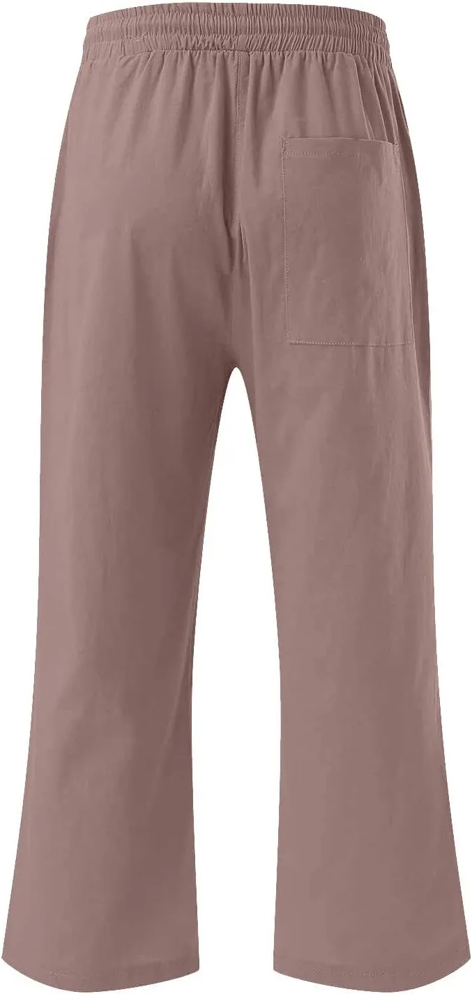 Women's Linen Pants Casual Summer Capris Loose Fit Lightweight Drawstring Waisted Cropped Pants with Pockets