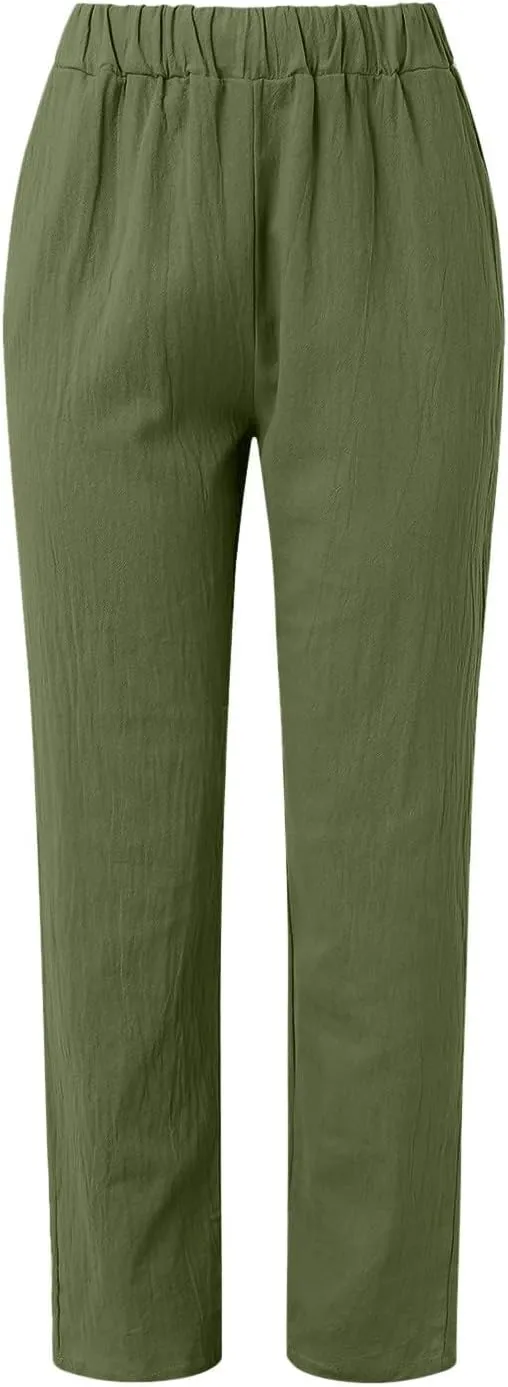 Womens Linen Pants Lightweight Straight Leg Pants Casual Elastic Waist Sweatpants Summer Beach Trousers with Pockets