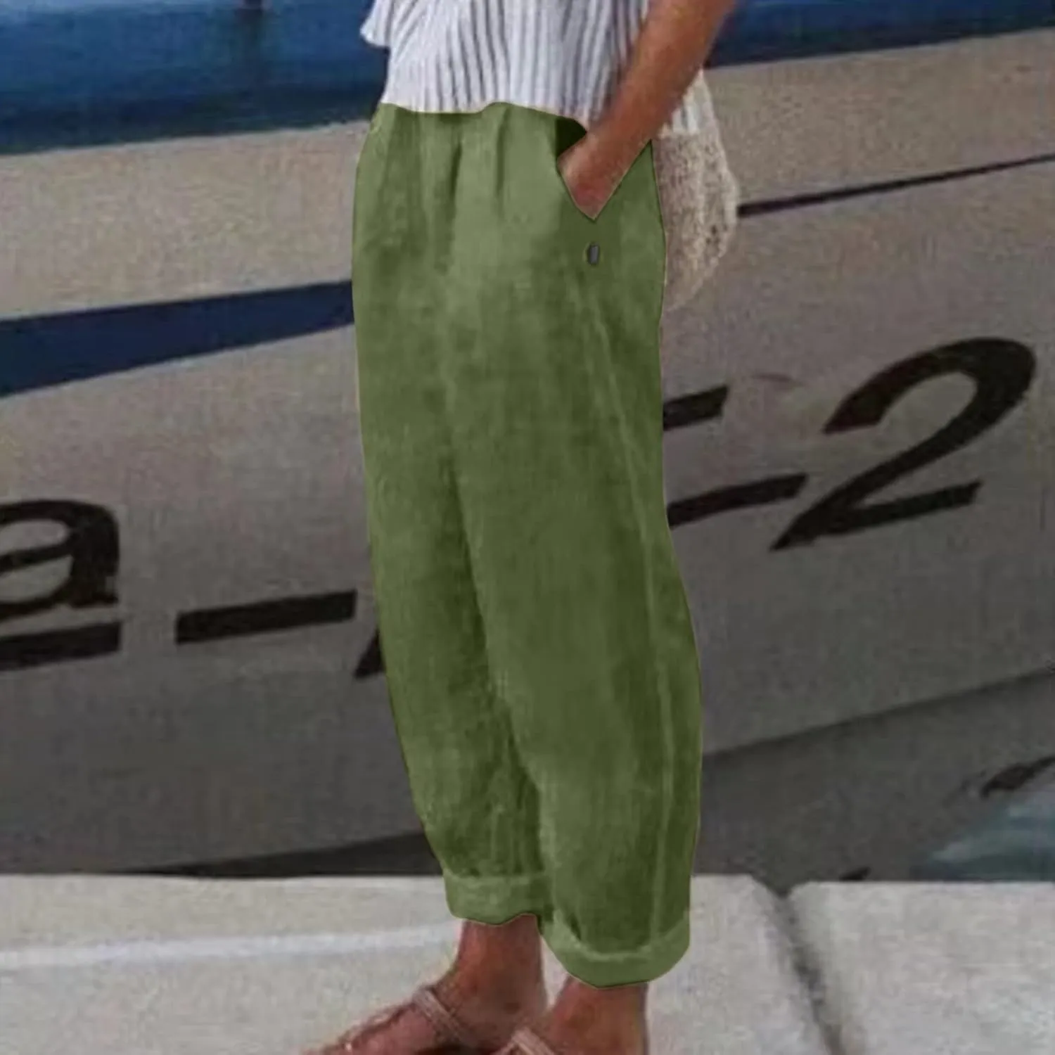 Womens Linen Pants Lightweight Straight Leg Pants Casual Elastic Waist Sweatpants Summer Beach Trousers with Pockets