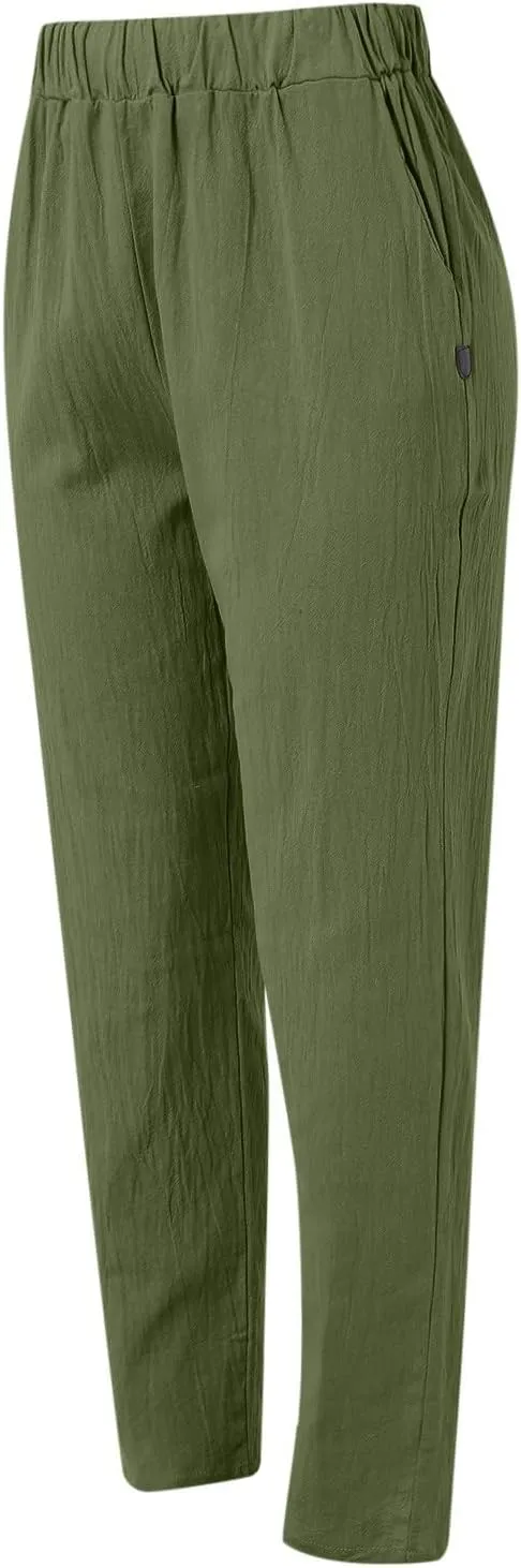 Womens Linen Pants Lightweight Straight Leg Pants Casual Elastic Waist Sweatpants Summer Beach Trousers with Pockets