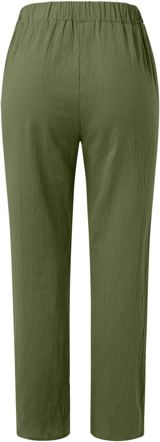 Womens Linen Pants Lightweight Straight Leg Pants Casual Elastic Waist Sweatpants Summer Beach Trousers with Pockets