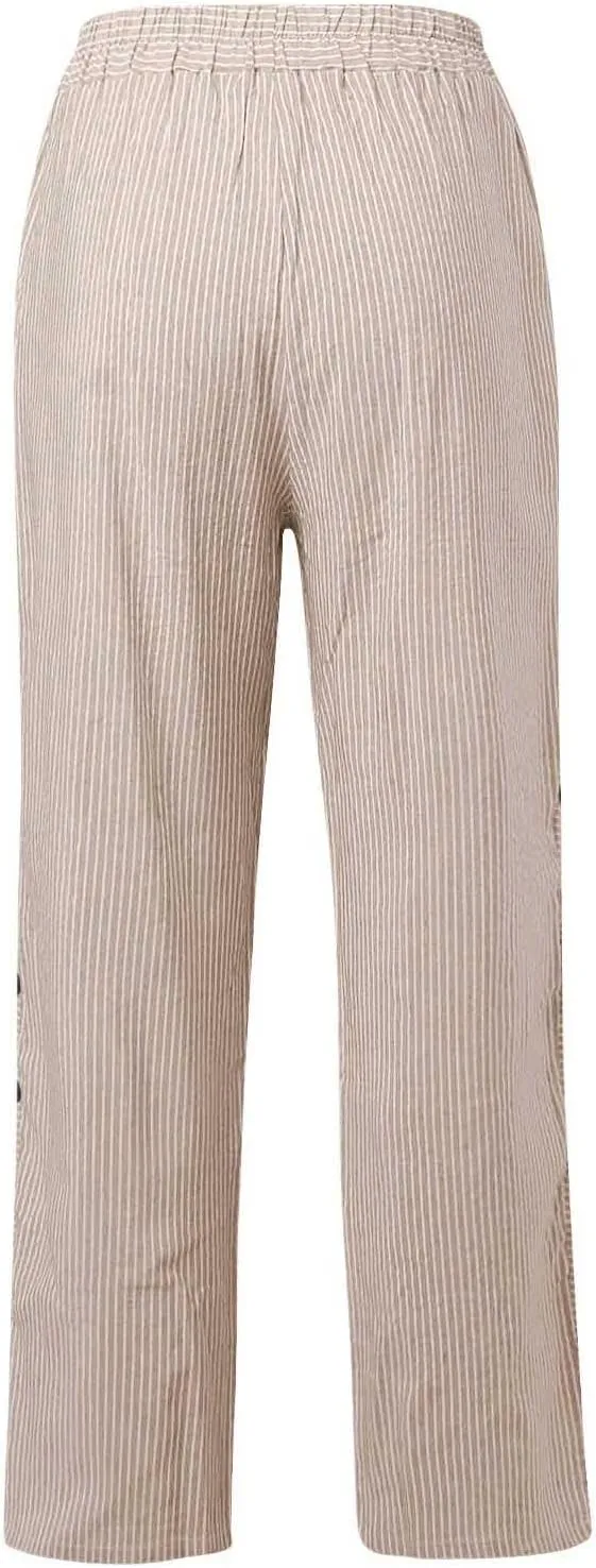 Womens Linen Pants Plus Size Striped Summer Casual Gauze Pants Elastic High Waist Wide Leg Loose Fit Workout Trousers