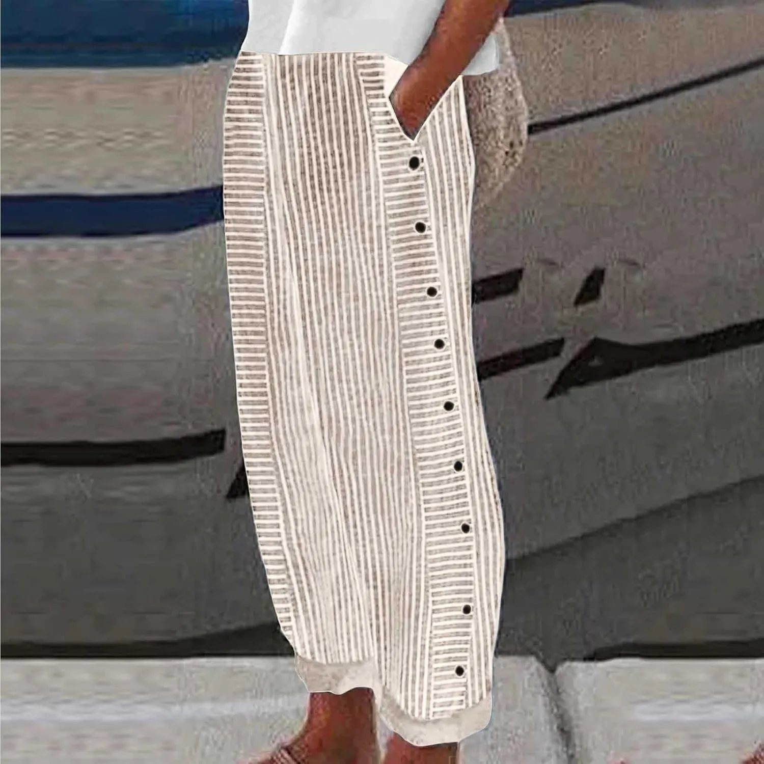 Womens Linen Pants Plus Size Striped Summer Casual Gauze Pants Elastic High Waist Wide Leg Loose Fit Workout Trousers