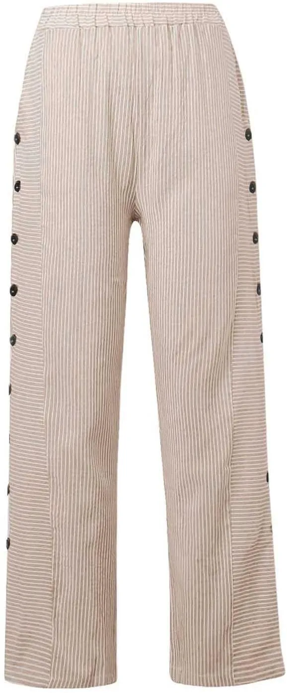 Womens Linen Pants Plus Size Striped Summer Casual Gauze Pants Elastic High Waist Wide Leg Loose Fit Workout Trousers