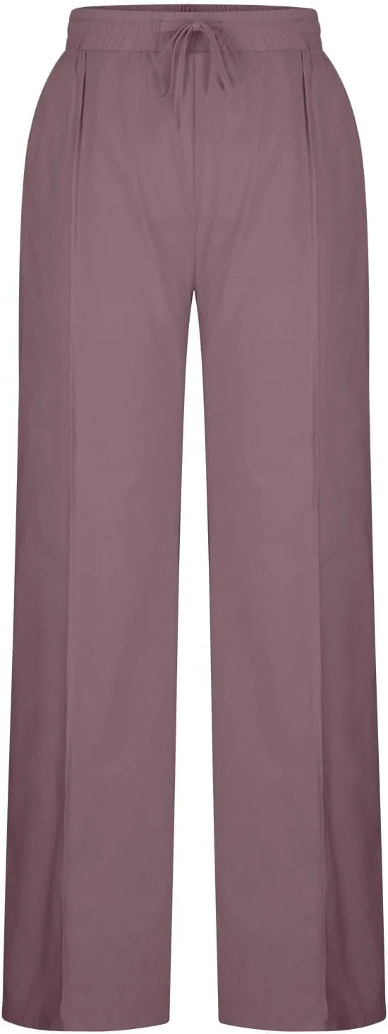 Womens Linen Pants Summer Boho Drawstring Elastic High Waist Loose Wide Leg Trousers with Pockets