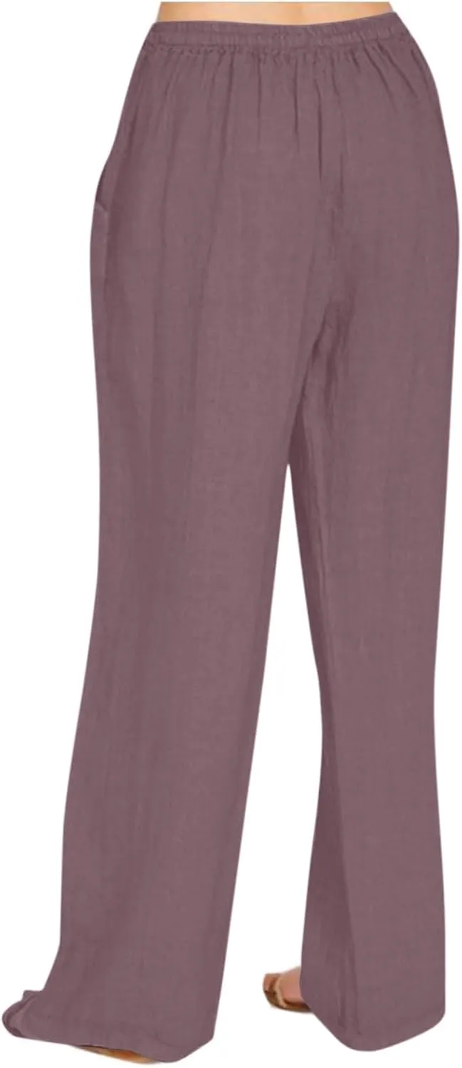 Womens Linen Pants Summer Boho Drawstring Elastic High Waist Loose Wide Leg Trousers with Pockets